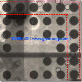 BGA錫球尺寸小于0.4mm，采用降低BGA內(nèi)圍襲球的錫膏量所得到X-Ray，稍微留意一下可以發(fā)現(xiàn)最外圈的錫量(圓的直徑)比其他內(nèi)圍的錫球上的錫量來得多一點點。也就是外圈的黑色圓形直徑比內(nèi)圈的圓形來得大一點點。