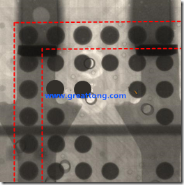 BGA錫球尺寸小于0.4mm，采用降低BGA內(nèi)圍襲球的錫膏量所得到X-Ray，稍微留意一下可以發(fā)現(xiàn)最外圈的錫量(圓的直徑)比其他內(nèi)圍的錫球上的錫量來得多一點點。也就是外圈的黑色圓形直徑比內(nèi)圈的圓形來得大一點點。