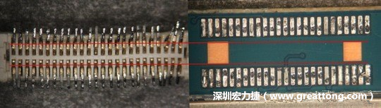 把板對(duì)板連接器與其電路板的佈線焊墊作一個(gè)比較，端子的切斷面有毛邊的地方剛好對(duì)到了裸銅區(qū)。