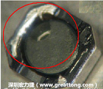 使用錫(Sn)鍍層的電源電感器(Power Inductors)，經(jīng)過(guò)推力測(cè)試后，其焊點(diǎn)還保留在零件的端點(diǎn)上，所以推力比較高。