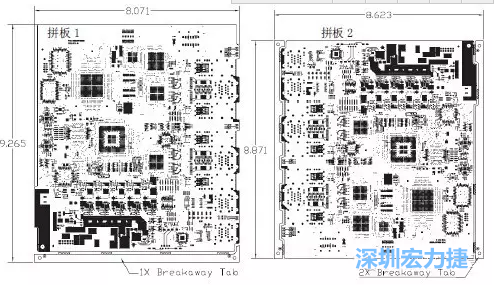 如圖7所示是使用不同數(shù)量邊條的拼板，拼板1僅使用了一個(gè)邊條，直接利用PCB另一邊作為SMT工藝傳送邊，并且PCB圖形中有合適的安裝孔；而拼板2則是按常規(guī)設(shè)計(jì)了兩個(gè)邊條。拼板方式為連接筋。圖中“Breakaway Tab”指邊條-深圳宏力捷