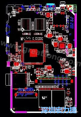 上圖是一個開發(fā)板的PCB，從布局中可以看出各個接口電路分離很明確，SDRAM和DDR以及SD卡接口電路等走線不會造成相互的干擾。-深圳宏力捷