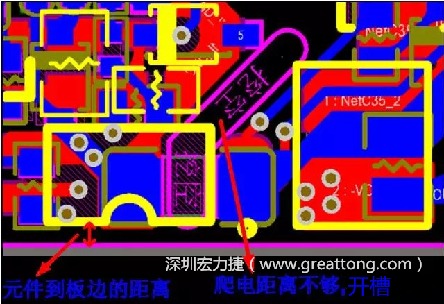 如果碰到模塊PCB空間有限，爬電距離不夠，可以采用開(kāi)槽的方式