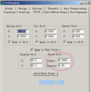  改銅皮的填充網(wǎng)格Global→Design Units，填充方向Drafting→Direction；Hatch Grid中Copper此數(shù)值為大銅箔中所填充的線條中心到中心的距離。