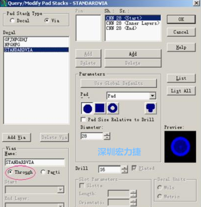 分析文件完成后，點擊菜單Setup→Pad Stacks調(diào)出焊盤堆設(shè)置窗口，將Pad Stack Type改為Via