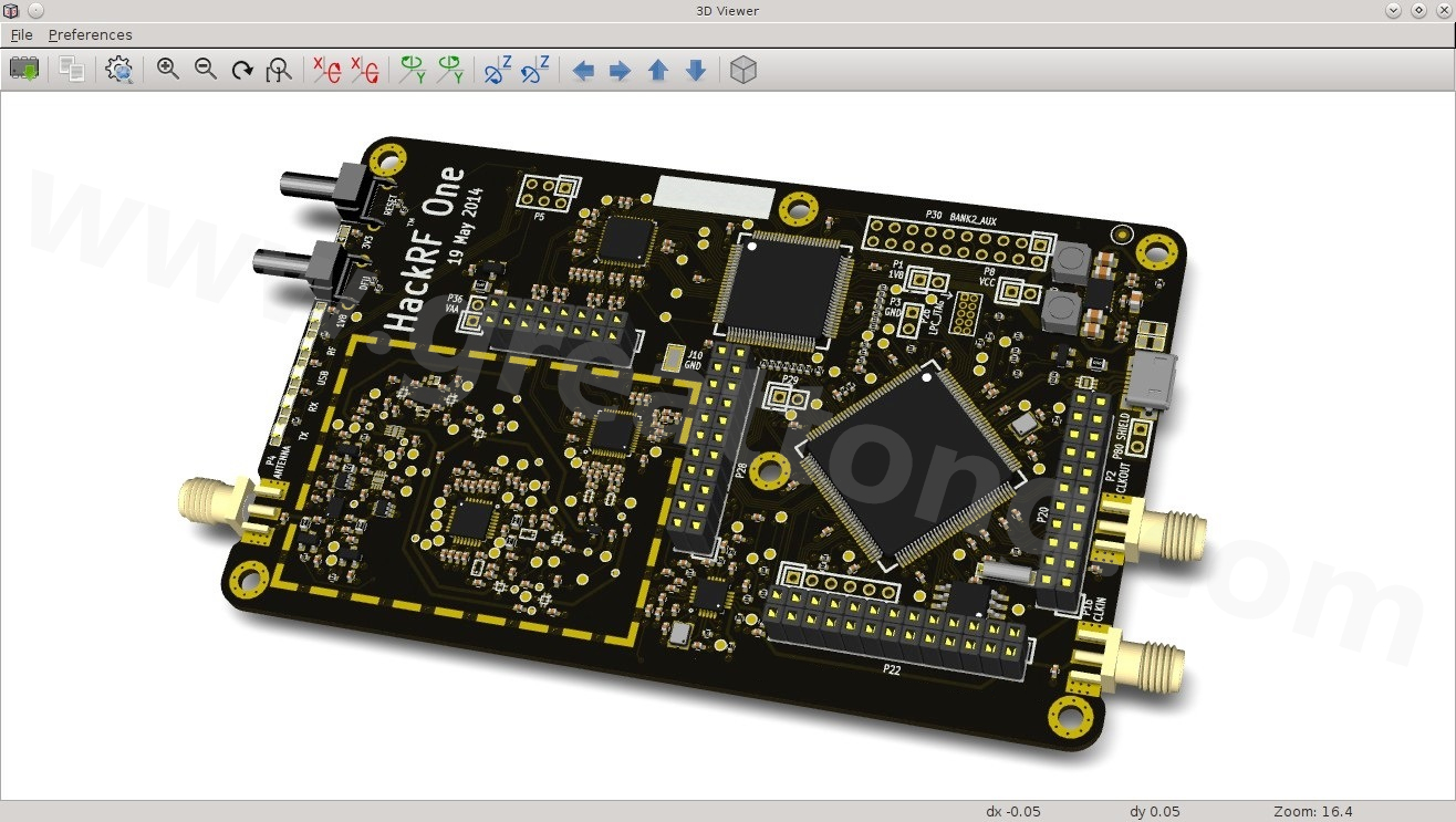 經(jīng)KiCad軟體3D功能渲染過的HackRF One電路板。