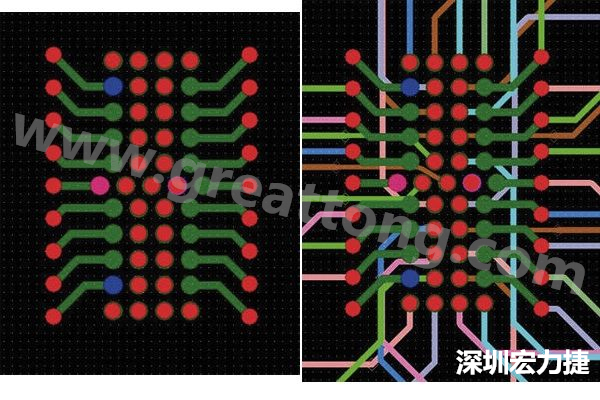 圖7：焊盤內(nèi)過孔用于內(nèi)部，而外部接腳在0.5mm閘格上扇出。圖7a顯示的是頂層(左)；圖7b顯示頂層和內(nèi)部布線層(右)。
