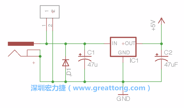2.5.    新增一個二極體，它會以水平的狀態(tài)出現(xiàn)在屏幕上，請使用「旋轉(zhuǎn)（Rotate）」工具把它負(fù)極那一面朝上，并且用「網(wǎng)絡(luò)連接」工具將它連接在電壓調(diào)整器的輸入端和接地端之間。