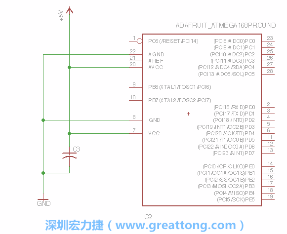3.1.    新增微控制器晶片（RBBB → ATmega），把它放在電路原理圖的中央附近，把它的兩個接地接頭連接到接地訊號端。
