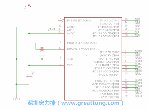 3.3.    將共鳴器（resonator）放置在針腳9和針腳10附近，將它的三個針腳連接如圖所示，并確認最中間的針腳有連到接地端。