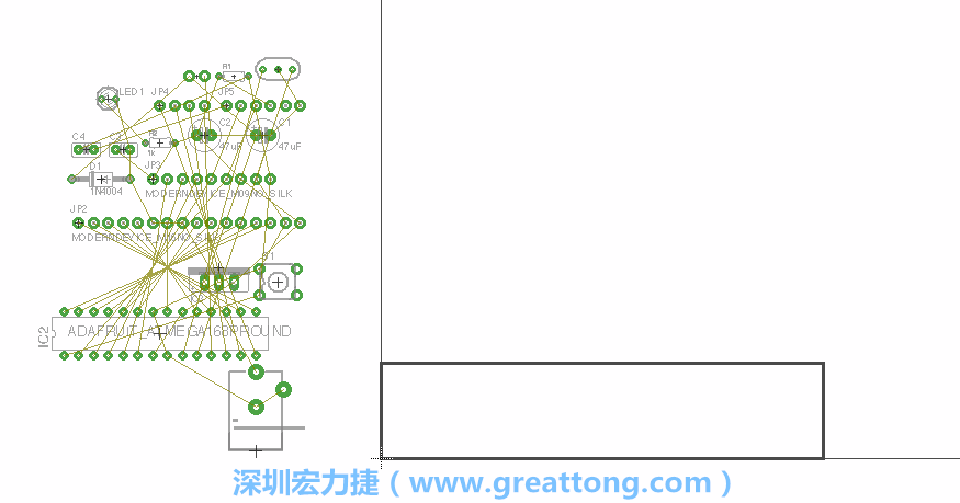 第一次執(zhí)行布線編輯器時(shí)，你會(huì)發(fā)現(xiàn)有兩個(gè)區(qū)塊，左邊的區(qū)塊非?；靵y，而右邊的區(qū)塊則是一個(gè)長(zhǎng)方形的工作區(qū)域，EAGLE免費(fèi)版會(huì)限制你的工作區(qū)域在4” x 3.2”的范圍內(nèi)，如果你試圖將元件擺放在工作區(qū)外的話，就會(huì)跳出警示訊息。