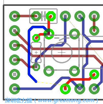 要在電路板正面進(jìn)行+5V信號(hào)線連結(jié)和其他連結(jié)點(diǎn)的布線工作是非常容易的，而重置信號(hào)線（信號(hào)線用來(lái)連結(jié)電路板正面左邊的重置開關(guān)）需要經(jīng)過(guò)一個(gè)可以通過(guò)電路板正反兩面的電路通道，這個(gè)通道是一個(gè)可以讓電路板正反兩面線路連接的一個(gè)小孔。