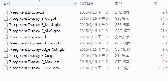 所謂Gerber檔，其實是包含一群檔案 (如下圖所示)，如包含正反面銅箔層 F.Cu B.Cu.，正反面文字面 F.Silkscreen ，B.Silkscreen，防焊層 SolderMask、板邊裁切Edge.Cuts 等。