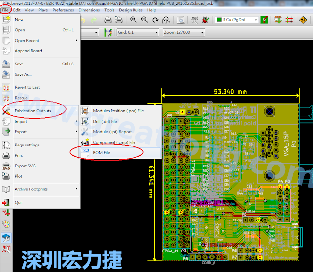 在Kicad的PCB Editor, 點(diǎn)選 File->Fabrication Outputs->BOM File, 即可產(chǎn)生一個(gè) .csv 的Excel 檔案。