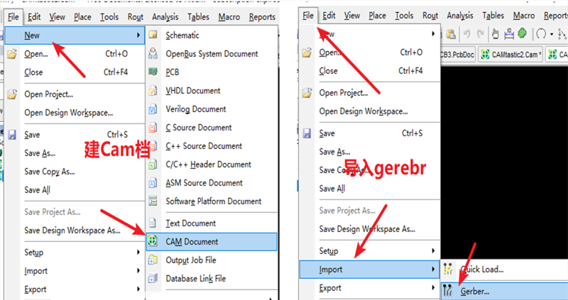在File下新建 Cam檔，建后再File下導(dǎo)入Gerber文件，選擇所有文件導(dǎo)入gerber。